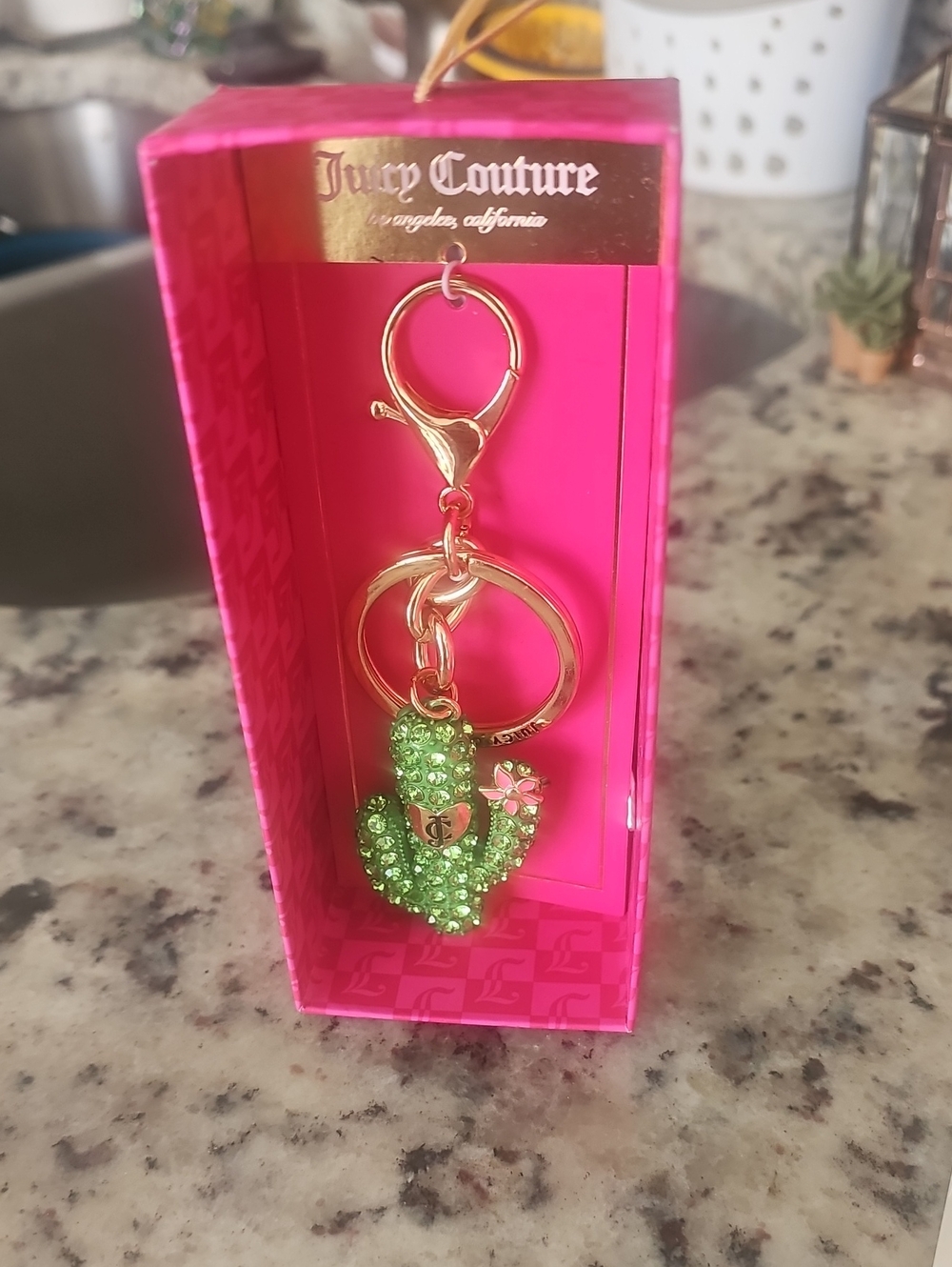 Juicy Couture Gold-Tone Keychain with Green Crystal Cactus Charm